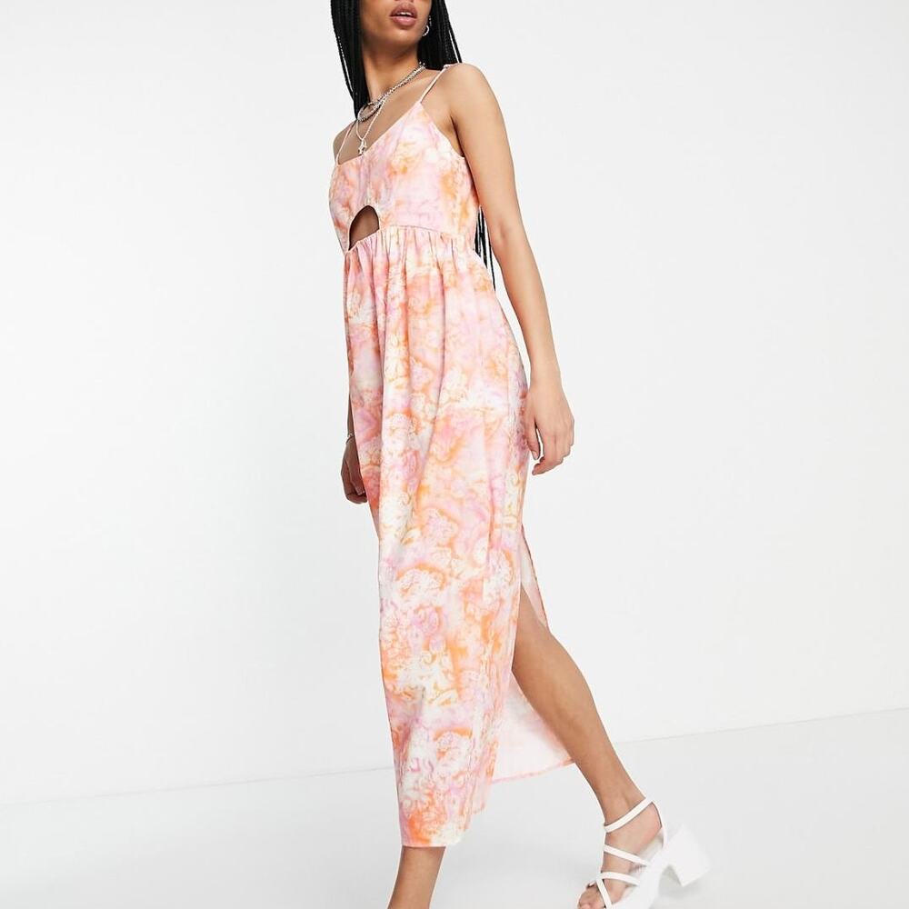 NWT TOPSHOP Pink & Orange Tie Dye Floral Cotton Poplin Cutout Midi Dress Size 6